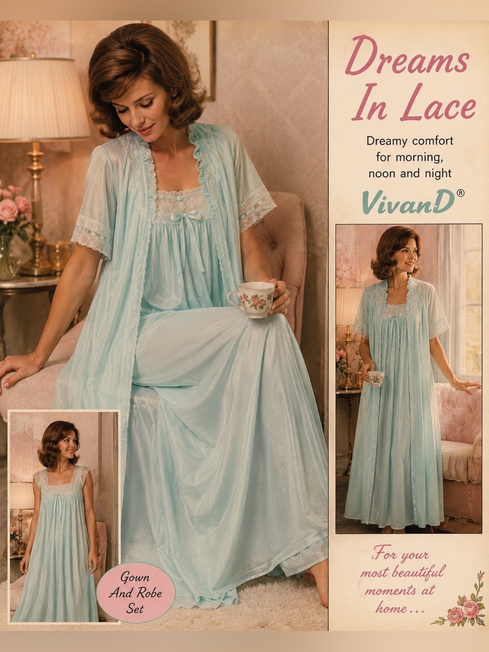 Vintage Blue Lace Trim Nightgown & Robe set